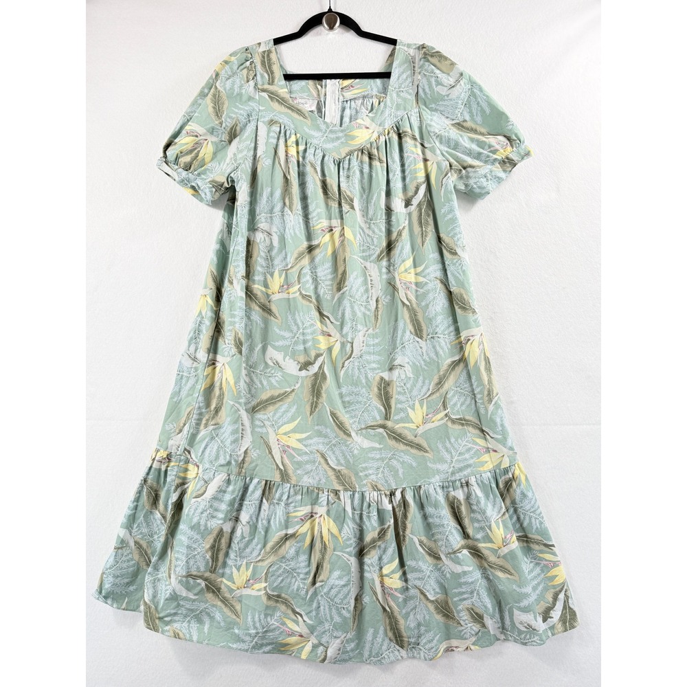 Howie Muumuu Dress Womens Large Green Tropical Bird of Paradise Hawaiian Boho